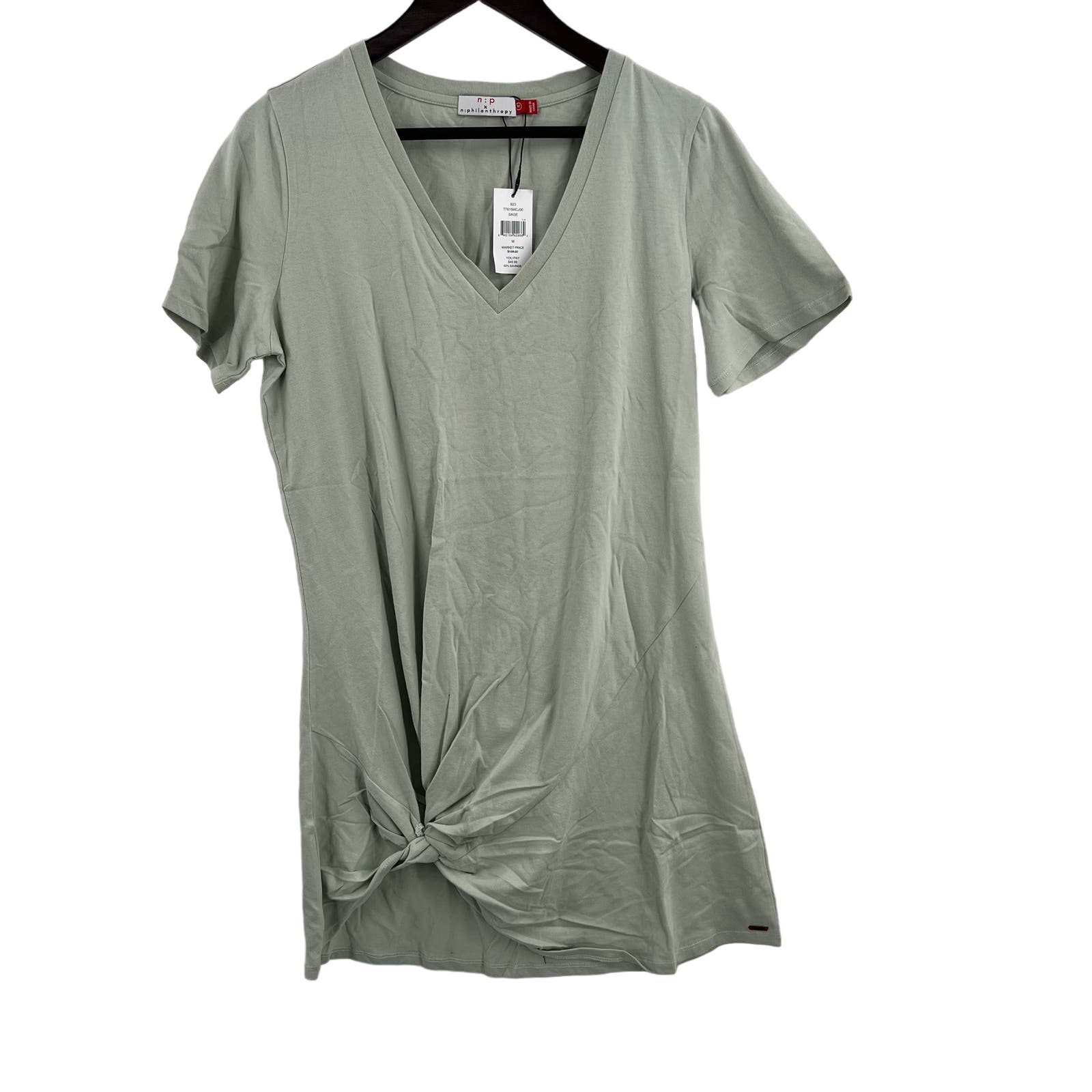 N:Philanthrophy Sage Green V Neck T-Shirt Dress Twist Hem Medium New